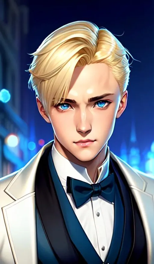 Prompt: scenic jrpg character concept full body from head to feet (young man, Draco Malfoy), (light skin, blonde hair, blue suit) symmetrical face, accurate anatomy delicate, soft lighting, Summer, deep colors, cinematic, poster art, bokeh | by Bagshaw, Chevrier, Ferri, Kaluta, Minguez, Mucha | blank ackground