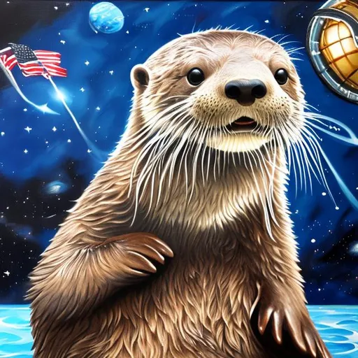 Prompt: (realistic photo, professional phot, oil painting) Otter in outer space watching a otter soccer game on TV