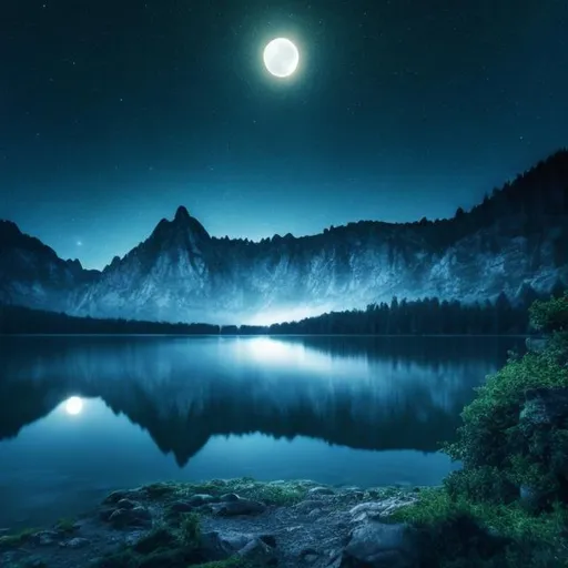 Prompt: lake at night, mystical, nature, mountain with forest, full moon, UHD, 4K, ultra high quality, dark blue, dark, cold, grey, mystic