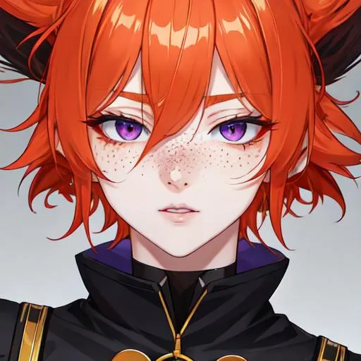 Prompt: Erikku male (short ginger hair, freckles, right eye blue left eye purple) UHD, 8K, Highly detailed, insane detail, best quality, high quality.