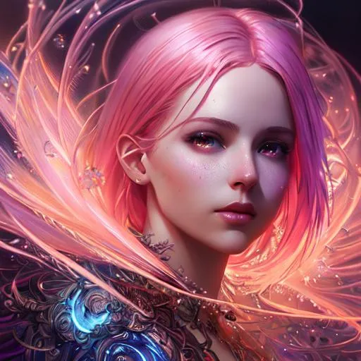 Prompt: incredibly detailed, glowing Luminous magical currents unusual magic elements, cinematic digital art, cinematic lighting, Gorgeous hyper-detailed, smooth and clear intricate details, inspired by Greg Rutkowski, photorealism, hyperdetailed, #Prisi# young woman with pink hair hyperrealism 12k resolution complementary colors wide-angle lens sunny