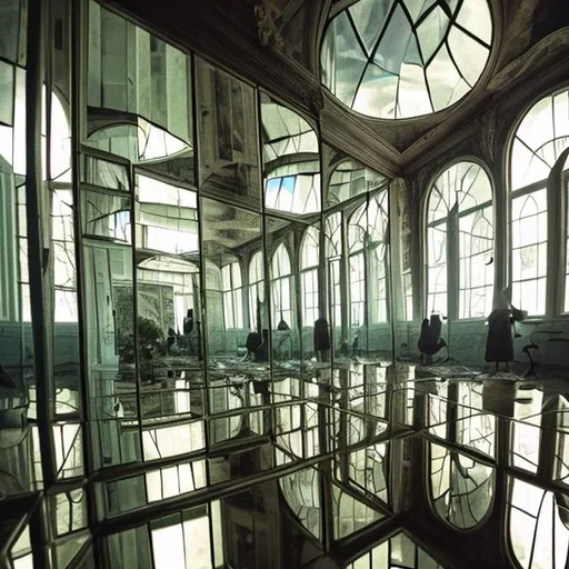 Prompt: looking into a room full of mirrors and windows, reflections, surrealistic