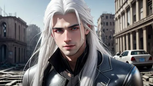 Prompt: A beautiful boy with no beard and long white hair, grey eyes, half body with close-up face, detailed painting, 8k, perfect render, soft lighting, perfect composition, looking into camera, high-resolution painting, ruined city as background