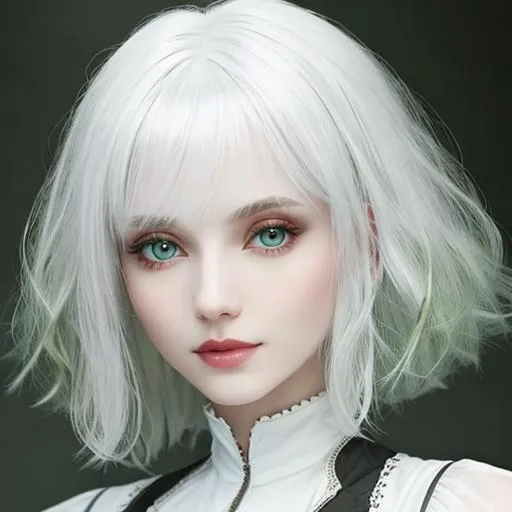 Prompt: A very pale green skinned woman, white hair ,closeup
