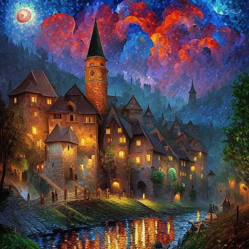 Prompt: olden time medieval village under the stars, art by Pointillism, In the style of Leonid afremov and Beksinski, 32k UHD, Dreamlike, Soft Lighting, Intricate Details, multi-layered, polychromatic, ultra_detailed, ultra_quality, CGSociety, Russ Mills, Hyperrealistic, intricately detailed, colour depth, Perfect Composition, A painting on blue paper showing a starry sky and a village, in the style of art nouveau organic flowing lines, futuristic chromatic waves, intricate and bizarre illustrations, swirling vortexes, detailed character illustrations, colourful turbulence, high resolution, 3d origami"
