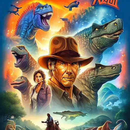 Prompt: Make Movie Poster in the style of Drew Struzan starring Harrison Ford for 'Indiana Jones in the Valley of Dinosaurs', highly detailed