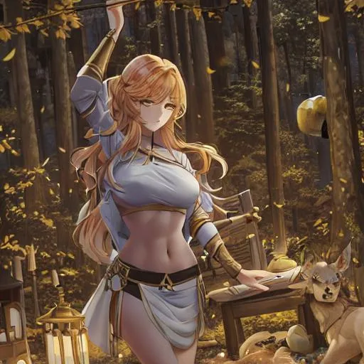 Prompt: Artemis, greek, beautiful woman, fit body, hunter goddess, lemon hair, wolf pelt, moonlight night, forest, archer, deer stag