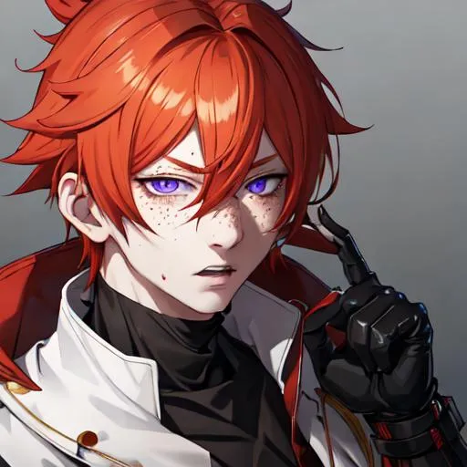 Prompt: Erikku male adult (short ginger hair, freckles, right eye blue left eye purple) UHD, 8K, Highly detailed, insane detail, best quality, high quality, covered in blood, covering his face with his hand, wide eyes, insane, fear, threatening, anime style