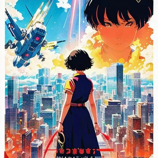 Prompt: incredibly powerful Anime Girl, created by Hideaki Anno + Katsuhiro Otomo +Rumiko Takahashi, Movie poster style, box office hit, a masterpiece of storytelling, main character center focus, monsters + mech creatures locked in combat, nuclear explosions paint sky, highly detailed 8k --ar 9:18