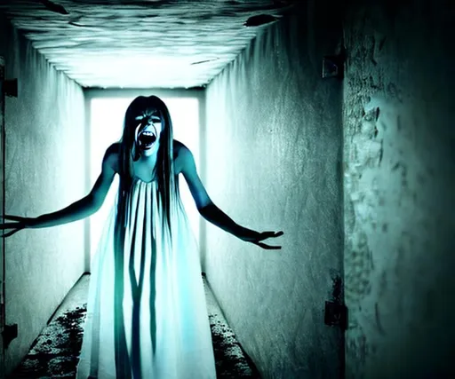 Prompt: The drowned girl. Horror scary dark hallway ghost white dress glowing eyes big open mouth screaming