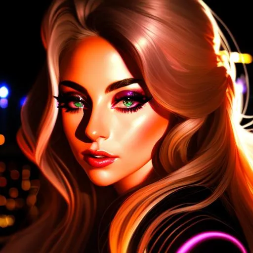 Prompt: 3/4 view of Lady Gaga, (messy long flowing
 hair), ((nighttime city background)), ethereal, luminous, fireflies, glowing, dark contrast, celestial, trails of light, sparkles, 3D lighting, soft light, (bokeh), vaporwave