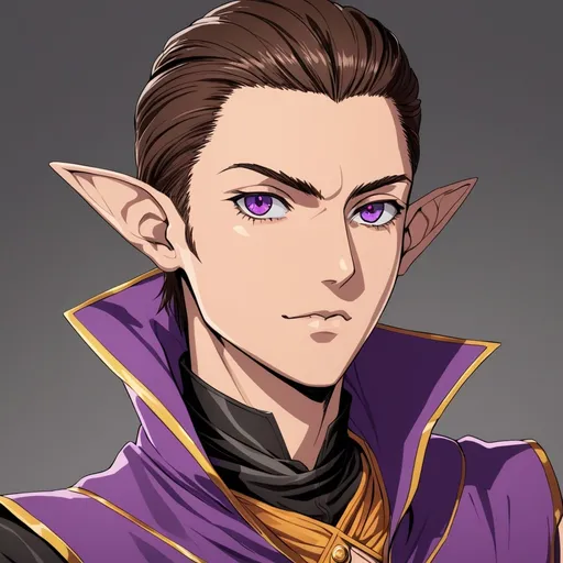 Prompt: anime. young man with short brown hair slicked backwards. quarter elf. gremlin energy. fantasy  outfit. purple eyes. portrait