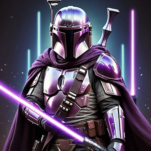 Prompt: Jedi Mandalorian wielding purple dual lightsabers, detailed armor and cloak, high quality, digital illustration, sci-fi, fantasy, cool tones, intense lighting