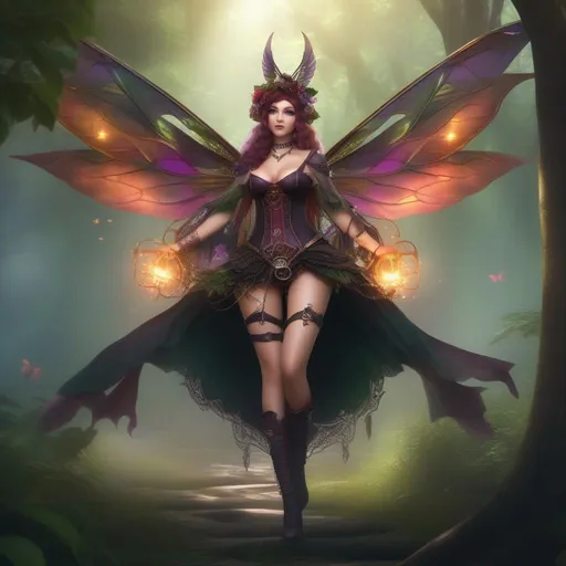 Prompt: ((Epic)). ((Cinematic)). Shes a colorful, Steam Punk, gothic, witch.  ((distinct)) Winged fairy, with a skimpy, ((colorful)), gossamer, flowing outfit, standing in a forest by a village. ((Wide angle)). Detailed Illustration. 4k, 8k.  Full body in shot. Hyper real painting. Photo real. A ((beautiful)), very shapely woman with ((anatomically real hands)), and ((vivid)) colorful, ((bright)) eyes. A ((pristine))  Halloween night. Concept art. 