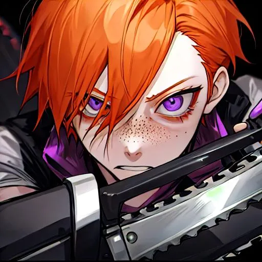 Prompt: Erikku male adult (short ginger hair, freckles, right eye blue left eye purple) UHD, 8K, Highly detailed, insane detail, best quality, high quality, holding a chainsaw, anime style