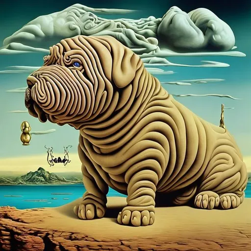 Prompt: shar pei in the style of Salvador Dali. Imagine surreal elements, dreamlike landscapes, and unexpected juxtapositions. In a futuristic landscape