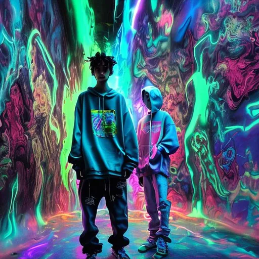 Prompt: yeat inspired green blueish surreal dreamy chaotic glowy album cover artwork with 2 blurred person in the middle wearing streetwear clothes and baggy jeans