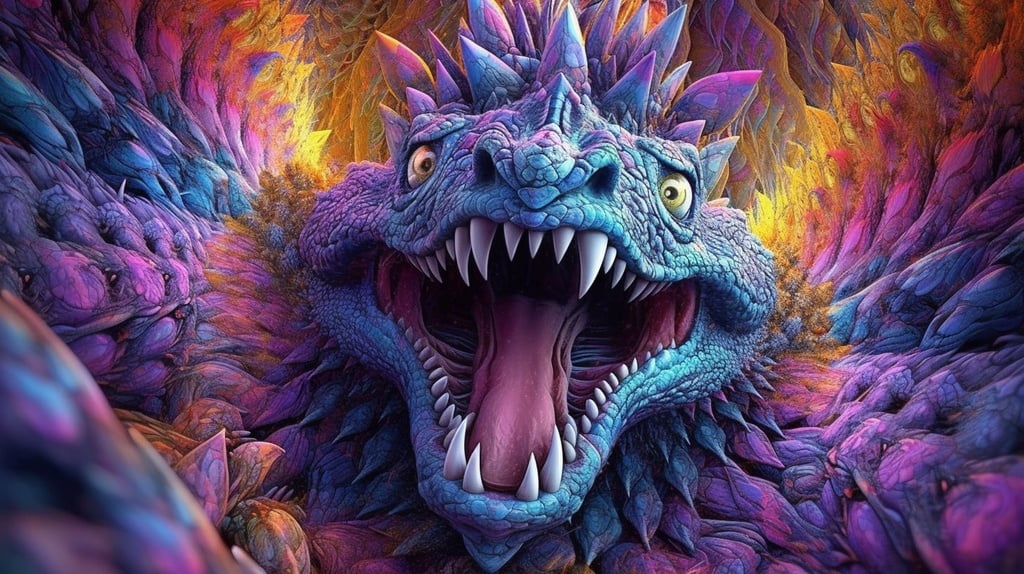 Prompt: an image that shows a scary monster in the middle of many things, in the style of fractalism, dynamic and exaggerated facial expressions, benoit b. mandelbrot, ambient occlusion, psychedelic illustration, phil koch,