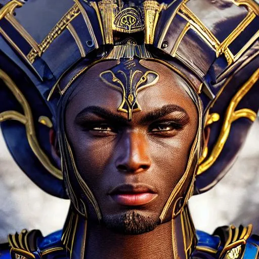 Prompt: low-angle close-up portrait of a dark melanin Egyptian man wearing a extremely detailed warrior armor, glossy royal blue porcelain +carbon-fiber scales + angel wings, beautiful lighting, baroque, cables, ultra realistic, Unreal Engine 5, realistic CGI, cover, sfx, vfx, fog, cinematic, 32k