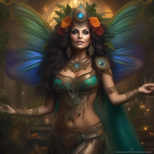Prompt: (Masterpiece). (Dynamic). Full body in shot. (Ultra detailed depiction). (Extremely beautiful and (magnificent). (Brilliant Halloween night). {She's a (colorful), Steam punk, Belly dancer, Witch}. A (spectacular) (intricate), winged. (Cannabis fairy), with {{(anatomically real hands}}} A  buxom,  shapely woman. (Vivid) (extremely bright eyes). best quality. ultra detailed, absurd res, Octane render. {She is wearing a skimpy ((colorful))  ((gossamer)) flowing outfit}. sharply focused. Solo.