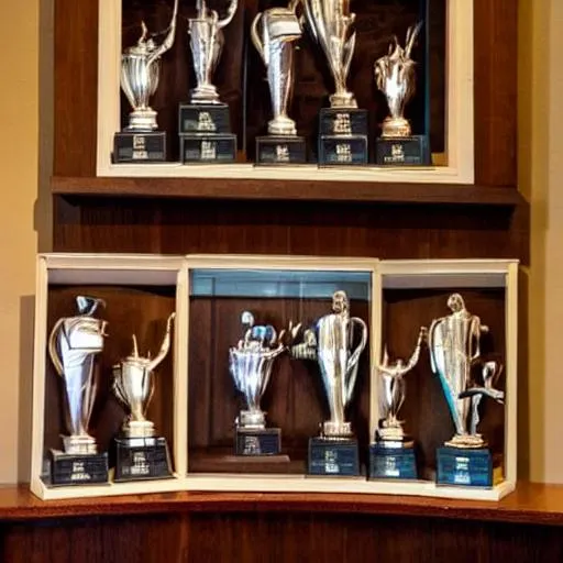 Prompt: Golf trophies on mantle
