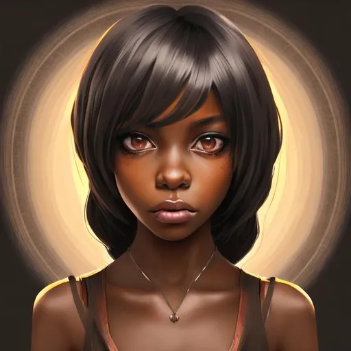 Prompt: portrait of a black woman, she has large brown eyes, her expression is defiant, facing camera, concept art and anime style and photorealistic, symmetrical