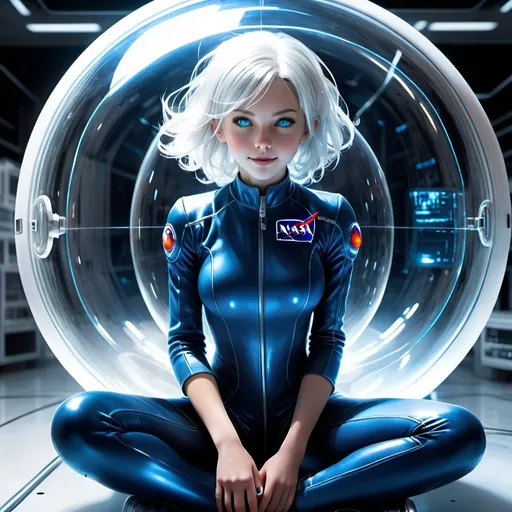 Prompt: A young teenage android girl, wearing blue cloth NASA jumpsuit, with brightly glowing glass eyes, trapped inside a glass containment orb, messy unruly white hair, pure white porcelain like skin, white eyebrows, calmly looking around, bemused smile, sitting crosslegged, inside secret government lab, wires and monitors stuck to outside of orb. Dynamic pose,