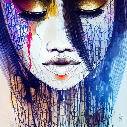 Prompt:  stunning abstract portrait of a Thai girl by carne Griffiths, profile, smooth lob hair, aquiline face, delicate features, symmetric eyes, wide up, golden ratio, black background, oil pastel painting, ink details, azure tones, dark vibe, detailed illustrations, 8k, smooth porcelain skin