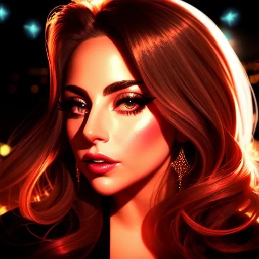 Prompt: 3/4 view of Lady Gaga, (messy long flowing
 hair), ((nighttime city background)), ethereal, luminous, fireflies, glowing, dark contrast, celestial, trails of light, sparkles, 3D lighting, soft light, (bokeh), vaporwave