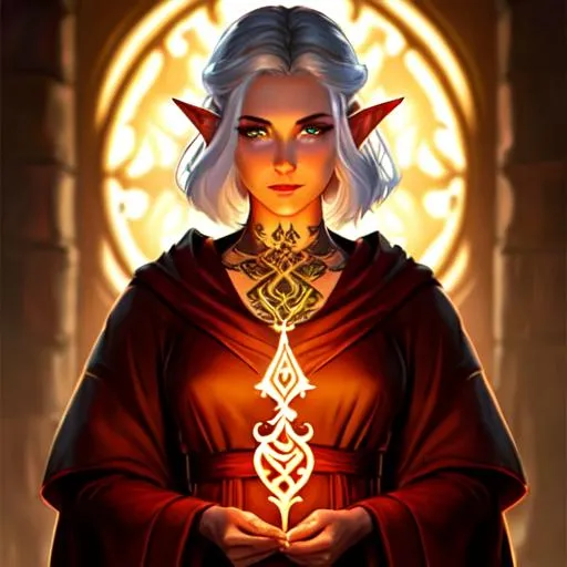 Prompt: elf, monk, glowing tattoos,  short hair, plain robes, female, dnd, illustration, portrait, scars on face