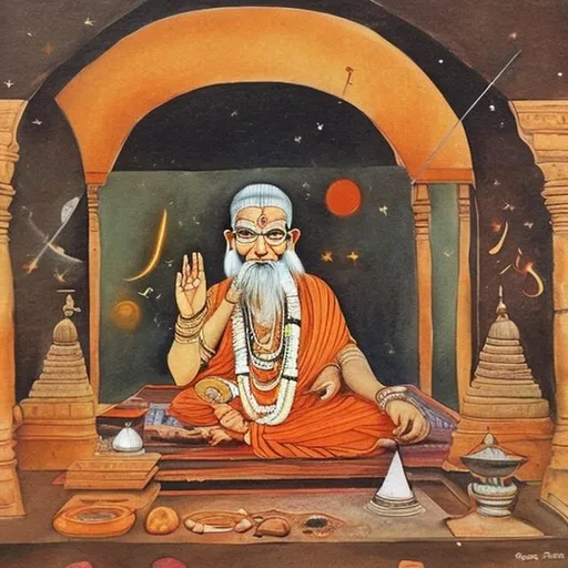 Prompt: an oil color artwork of a rishi guru from ancient India doing astrological scientific work in his hut
