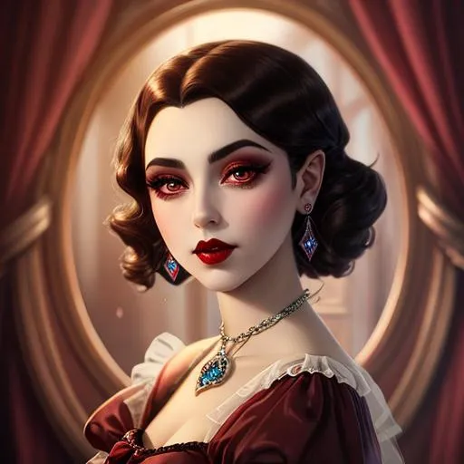 Prompt: Ethereal fantasy image detailed painting by Tim burton and artgerm portrait of a beautiful 1920's high class young aristocrat female with dark brown eyes perfect cherry red lips wearing a very beautiful formal gown,  artgerm, award-winning cgi, blender 