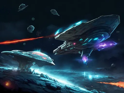 Prompt:  explosions  action wreck spaceship ancient dead infestation ray guns art cartoon many colours light Arora battle fire impact hull breach disaster ice planet nebula
