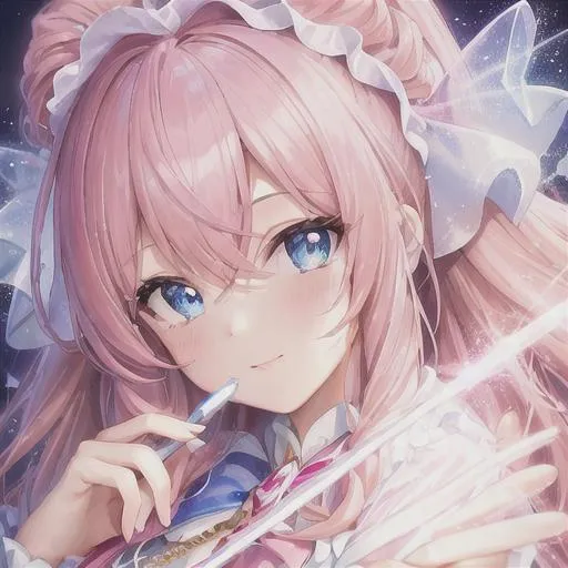 Prompt: super detailed closeup portrait shot of a girl with a wand, magical girl, pink hair with blue and white streaks, detailed sparkling pink and blue eyes, 