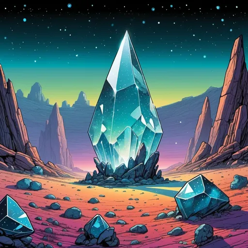 Prompt: Asymmetric Alien crystal landscape dotted with transparent glowing crystals, with a giant leaning crystal in the background, in the style of Moebius, comic book style