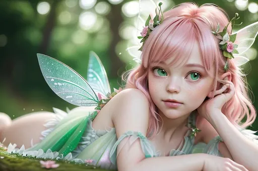 Prompt: full bode portrait of {fairy} with {pink and green} hair and with cute face, {fairy forest bokeh}, perfect composition, fairy wings on back, hyperrealistic, super detailed, 8k, high quality, trending art, trending on artstation, sharp focus, studio photo, intricate details, highly detailed, by ilya kuvshinov, laying down in a meadow of flowers