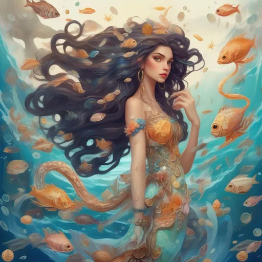 Prompt: A colourful, beautiful brunette, Persephone, in a beautiful flowing dress made of sea shells, scales, coral and gold coins, with octopus tentacles as her hair, in the ocean surrounded by fish. In a Disney painted style.