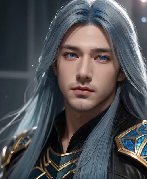 Prompt: male youth, long blue hair, blue grey eyes, detailed face, strong masculine features, detailed face, D&D fantasy, magic effect, ice, complex pattern, upper boddy, intricate hyper detailed shining pupils #3238, UHD, hd , 8k eyes, best ratio four fingers and one thumb, hands at sides, standing, full body, solo, male focus, {{best quality}}, {high resolution}, hyper-focused, deep colors, dramatic lighting, ambient lighting, by sakimi chan, artgerm, wlop, pixiv, tumblr, instagram, deviantart



Your Prompt