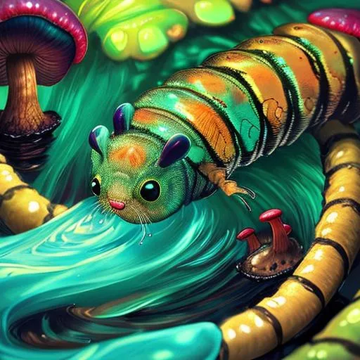 Prompt: caterpillar, teal eyes, HD, colorful, beautiful, flowing water, digital portrait, dynamic lighting, intricate, fangs,  mushrooms, smoke