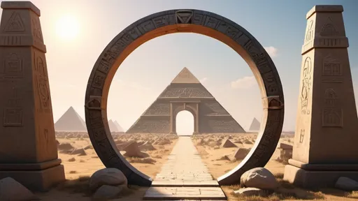Prompt: circular portal, gateway between cities realms worlds kingdoms, ring standing on edge, freestanding ring, hieroglyphs on ring, complete ring, obelisks, pyramids, panoramic view
