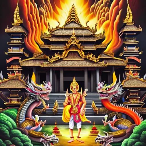 Prompt: Basuki Dragon and manik akeran lord in besakih tempel, ultra drigtal copcont art illustrasion painting oil vivid art, full beckgraund besakih and mountain agung bali,