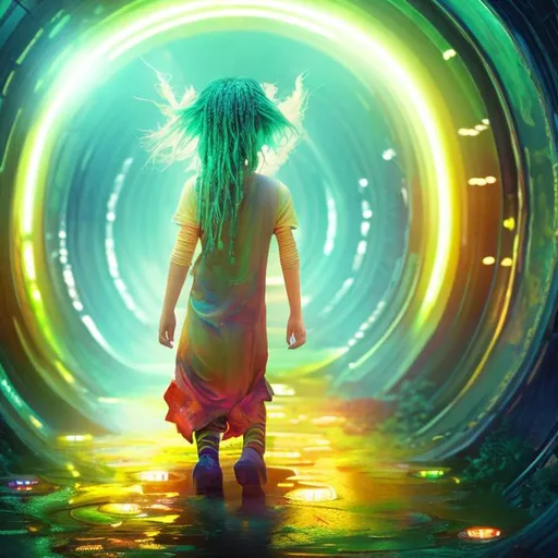 Prompt: acid pool, green, young girl, child, bright white hair, loud, walking in tunnel with lights, shadowy, bright red eyes , light colored skin tone, small white dog