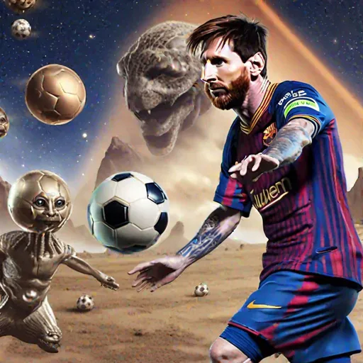 Prompt: Léo Messi qui joue aux football sur la planète Jupiter contre des aliens
