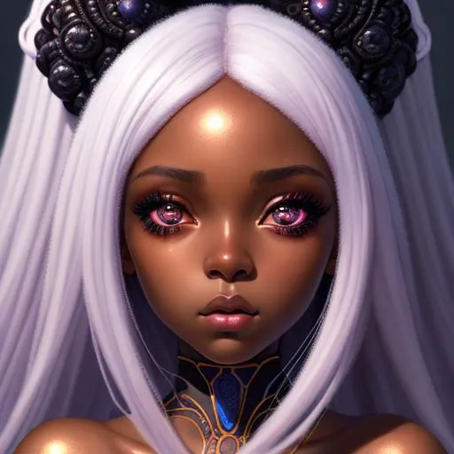 Prompt: Closeup face portrait of a black girl, smooth soft skin, big dreamy eyes, beautiful intricate colored hair, symmetrical, anime wide eyes, soft lighting, detailed face with make-up, concept art, digital painting, looking into camera