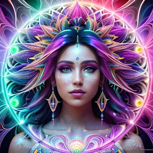 Prompt: painting a stunning rendition of a beautiful girl with rainbow hair made of fractal gems, fractal crystals, receiving energy streams from multiple alien entities, intricate details, hyperrealistic, octane render, very colorful, vibrant, cinematic, ornate, luxury, elite,receiving energy streams from multiple alien entities, psychedelic art by Alex Grey, unreal engine, mystical, Behance, UHD, HDR 