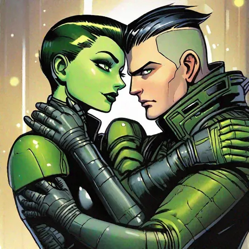 Prompt: A male scifi pilot man with very short slicked back brown pompadour undercut hair and shaved sides, futiristic fully dark entirely jet black leather jacket. green eyes, hugging A green skinned scifi green female, woman with green skin, short black bob hair, uniform. she has green skin. well drawn green face. detailed. green girl, the femme is green, mujer has green skin, green character, green race, detailed. her skin is green, her skin colour is green, star wars art. 2d art. 2d, 