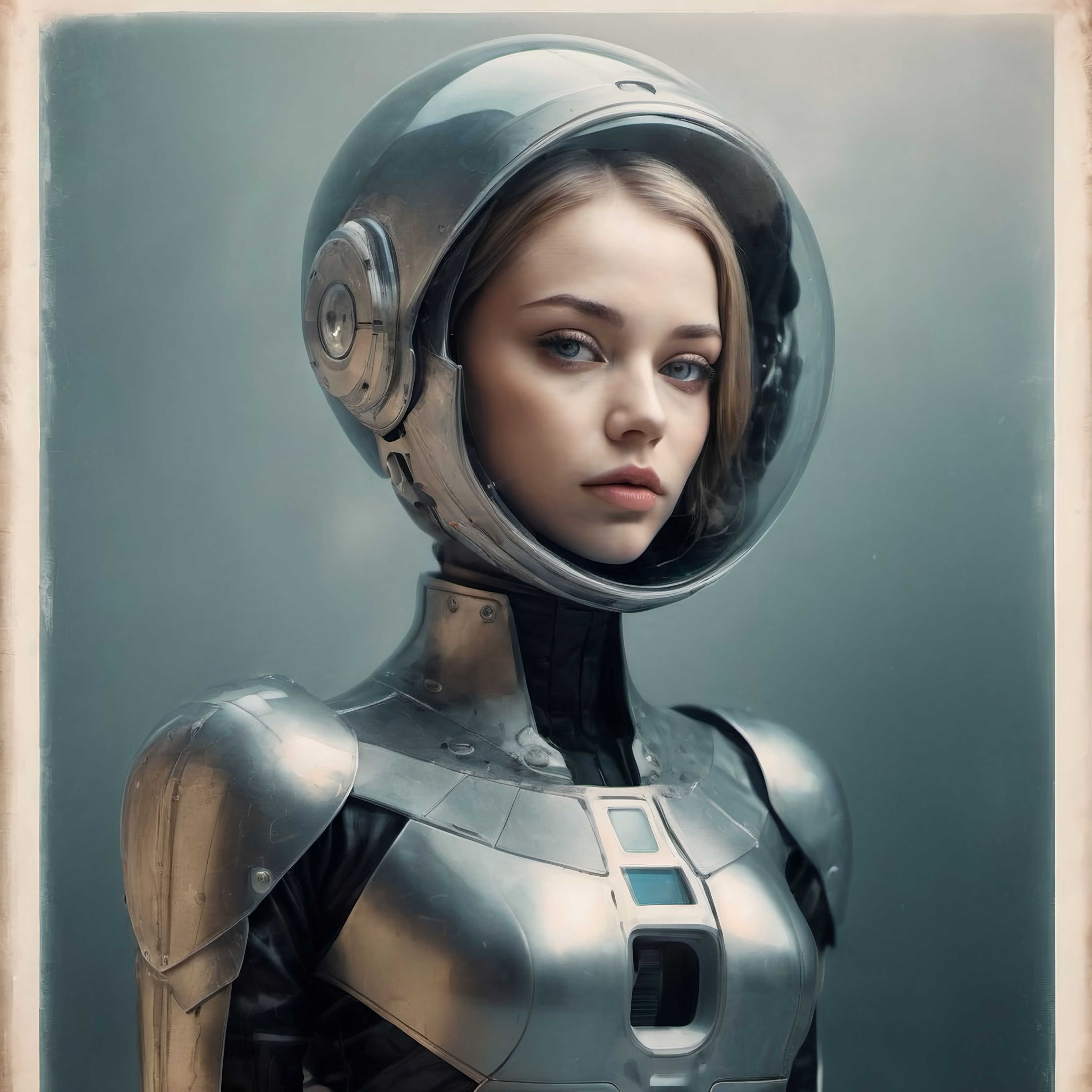 Prompt: a woman in a helmet and a sci - fi outfit is posing for a picture in a photo studio