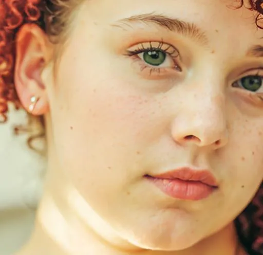 Prompt: RAW photo, girl, 19 years old, wearing a light summer dress, red, curly hair, green eyes, symmetrical, oval face, pointy chin (high detailed skin:1.2), 8k uhd, dslr, soft lighting, high quality, film grain, Fujifilm XT3