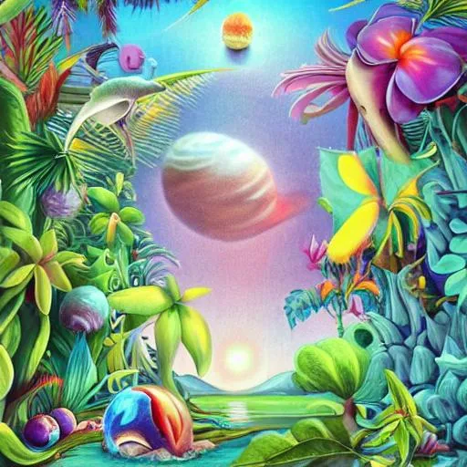Prompt: strange planet, whimsical creatures, tropical flowers, surrealism, magical