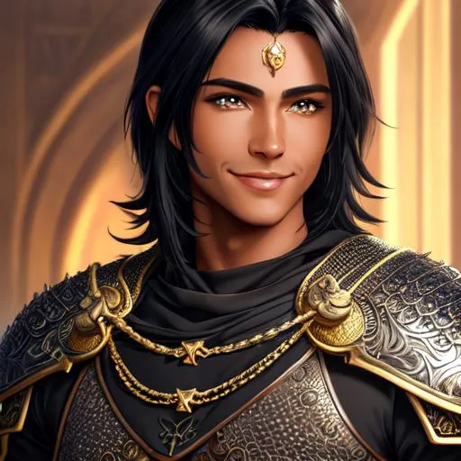 Prompt: oil painting, fantasy, human man, tanned-skinned-male, beautiful, short bright black hair, straight hair, smiling, looking at the viewer, cleric wearing intricate chain mail armor, casting a healing spell #3238, UHD, hd , 8k eyes, detailed face, big anime dreamy eyes, 8k eyes, intricate details, insanely detailed, masterpiece, cinematic lighting, 8k, complementary colors, golden ratio, octane render, volumetric lighting, unreal 5, artwork, concept art, cover, top model, light on hair colorful glamourous hyperdetailed medieval city background, intricate hyperdetailed breathtaking colorful glamorous scenic view landscape, ultra-fine details, hyper-focused, deep colors, dramatic lighting, ambient lighting god rays, flowers, garden | by sakimi chan, artgerm, wlop, pixiv, tumblr, instagram, deviantart